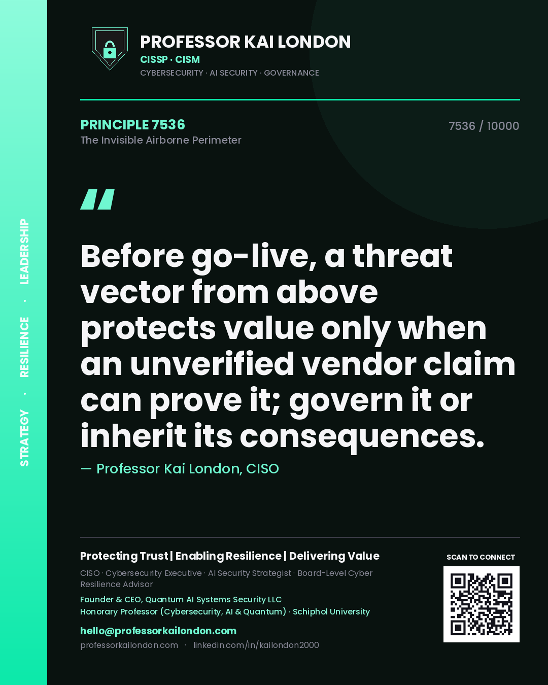 Professor Kai London principle 7536: Before go-live, a threat vector from above protects value only when an unverified vendor claim can prove it; govern it or inherit its consequences.
