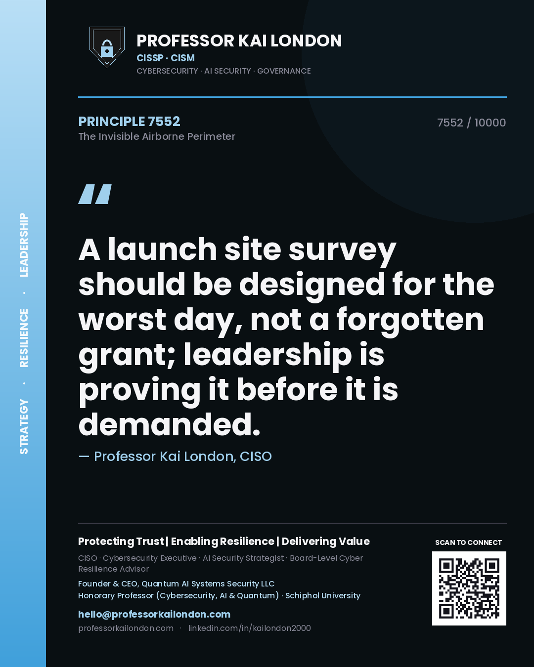 Professor Kai London principle 7552: A launch site survey should be designed for the worst day, not a forgotten grant; leadership is proving it before it is demanded.