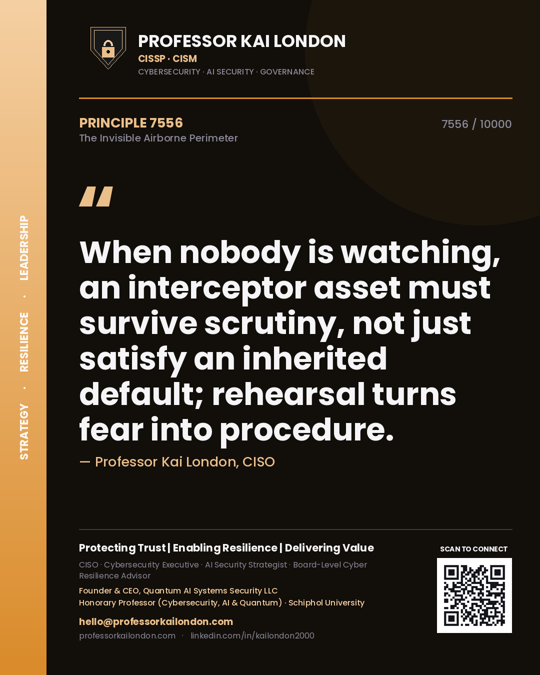 Professor Kai London principle 7556: When nobody is watching, an interceptor asset must survive scrutiny, not just satisfy an inherited default; rehearsal turns fear into procedure.