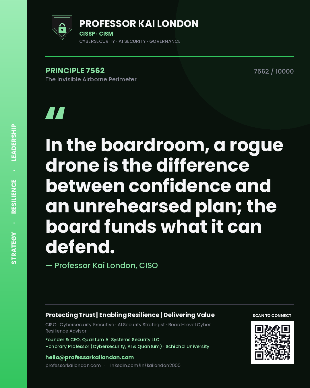 Professor Kai London principle 7562: In the boardroom, a rogue drone is the difference between confidence and an unrehearsed plan; the board funds what it can defend.