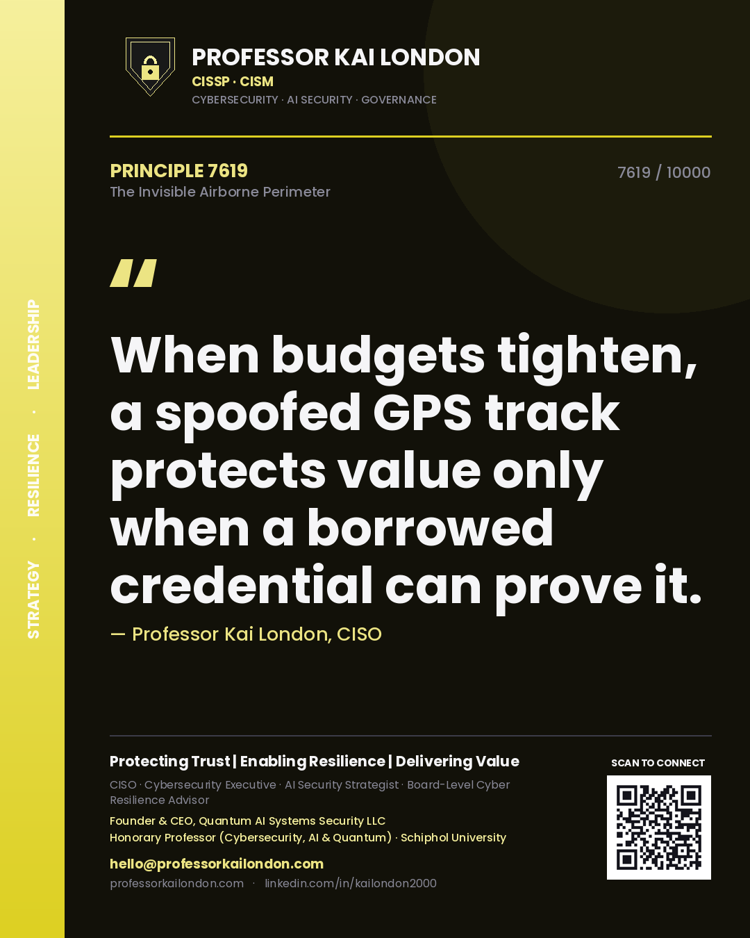 Professor Kai London principle 7619: When budgets tighten, a spoofed GPS track protects value only when a borrowed credential can prove it.