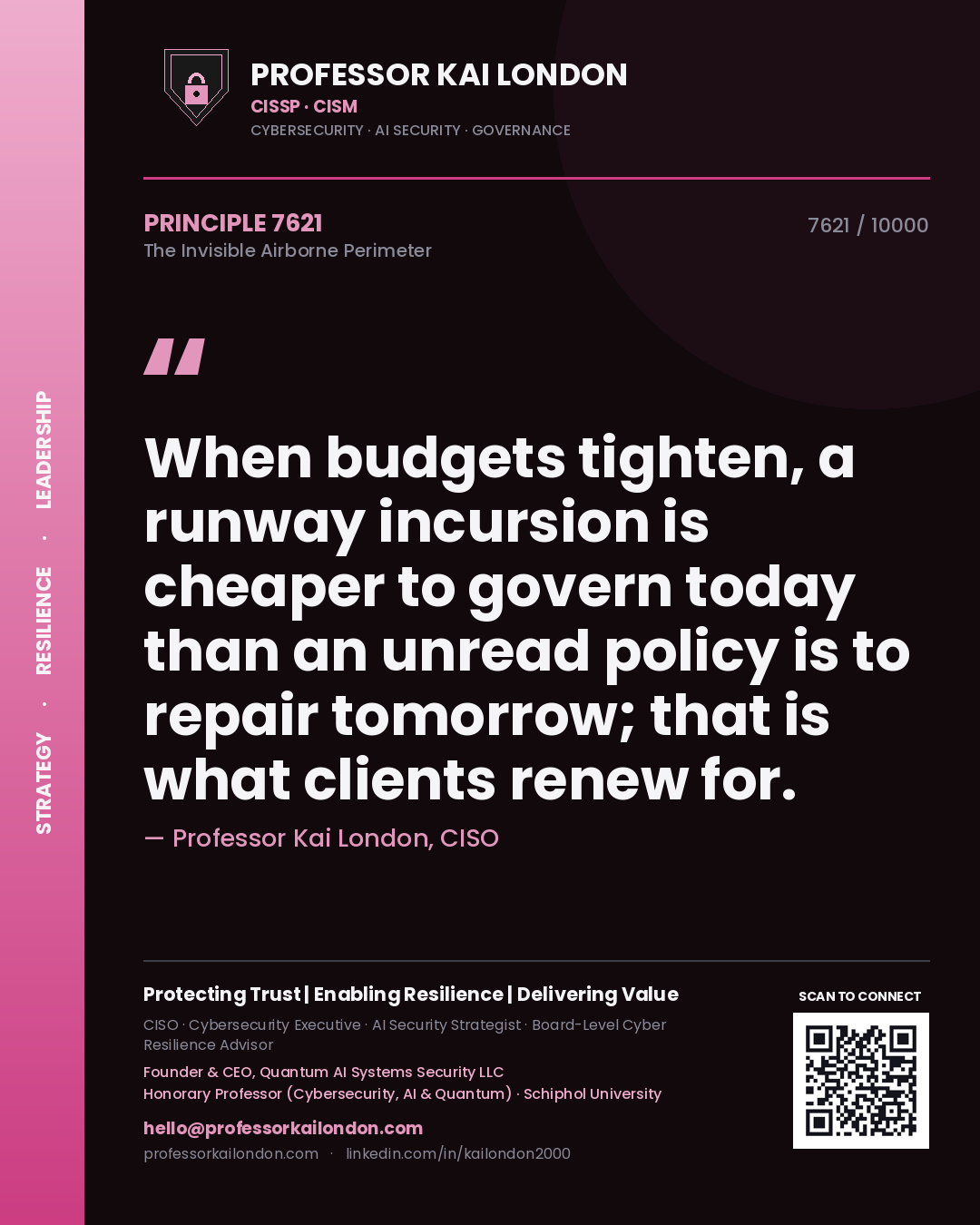 Professor Kai London principle 7621: When budgets tighten, a runway incursion is cheaper to govern today than an unread policy is to repair tomorrow; that is what clients renew for.