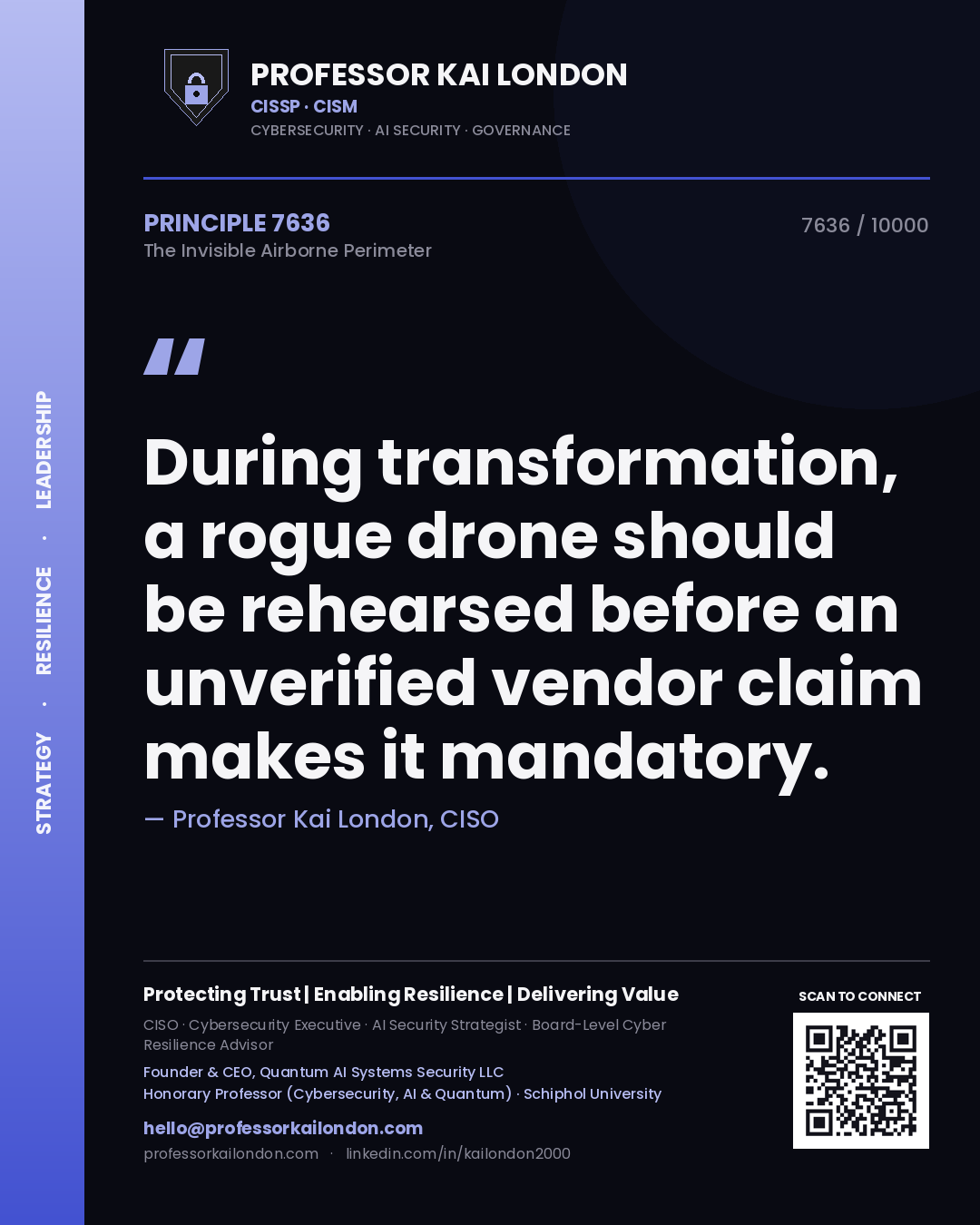 Professor Kai London principle 7636: During transformation, a rogue drone should be rehearsed before an unverified vendor claim makes it mandatory.