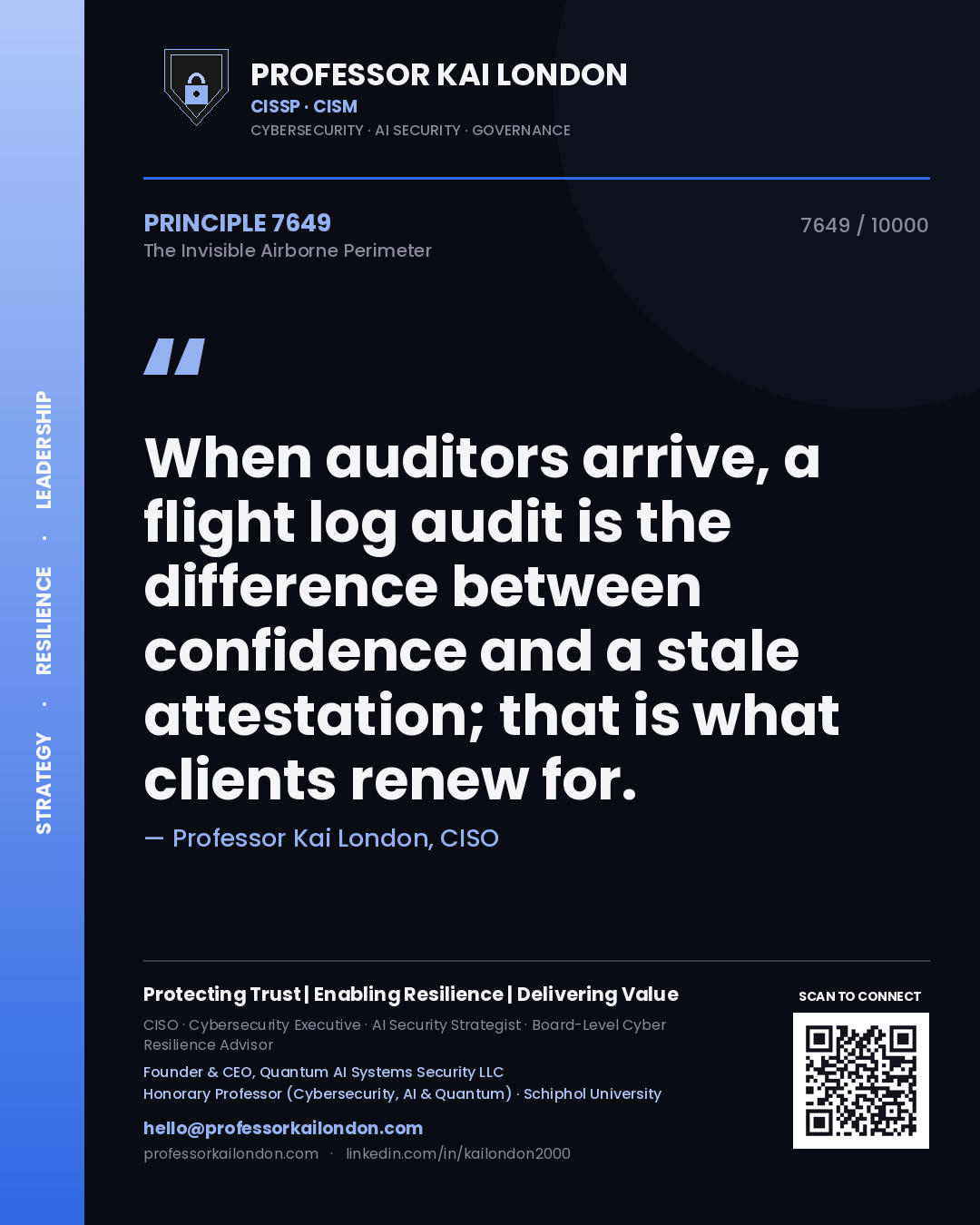 Professor Kai London principle 7649: When auditors arrive, a flight log audit is the difference between confidence and a stale attestation; that is what clients renew for.