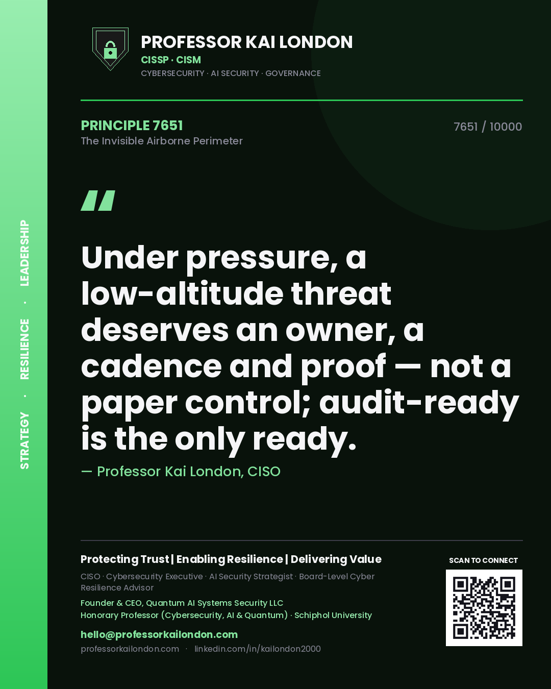 Professor Kai London principle 7651: Under pressure, a low-altitude threat deserves an owner, a cadence and proof — not a paper control; audit-ready is the only ready.