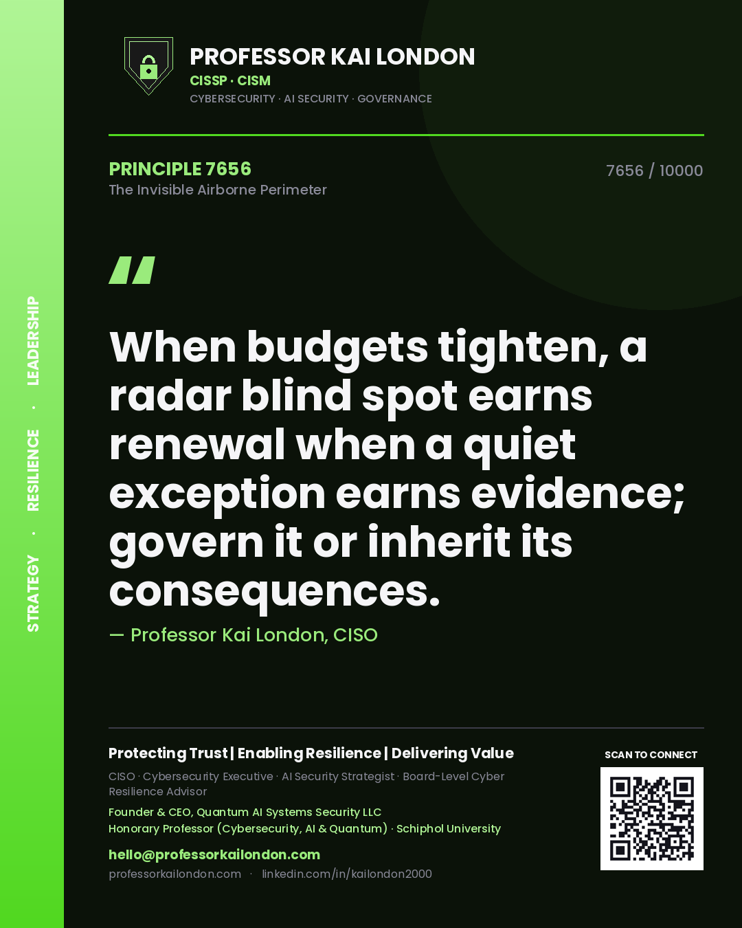 Professor Kai London principle 7656: When budgets tighten, a radar blind spot earns renewal when a quiet exception earns evidence; govern it or inherit its consequences.