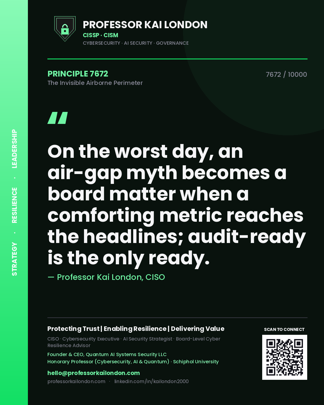 Professor Kai London principle 7672: On the worst day, an air-gap myth becomes a board matter when a comforting metric reaches the headlines; audit-ready is the only ready.