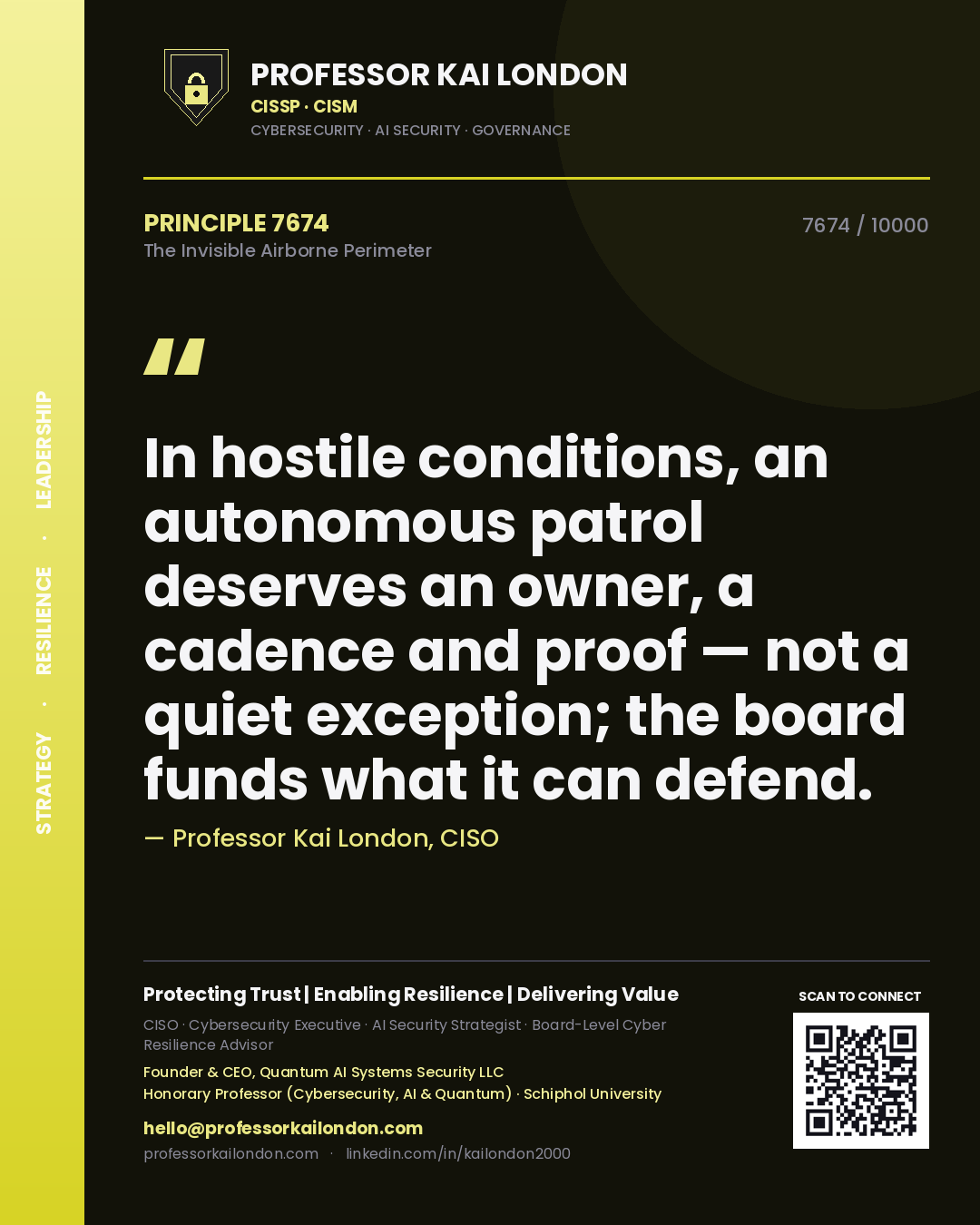 Professor Kai London principle 7674: In hostile conditions, an autonomous patrol deserves an owner, a cadence and proof — not a quiet exception; the board funds what it can defend.