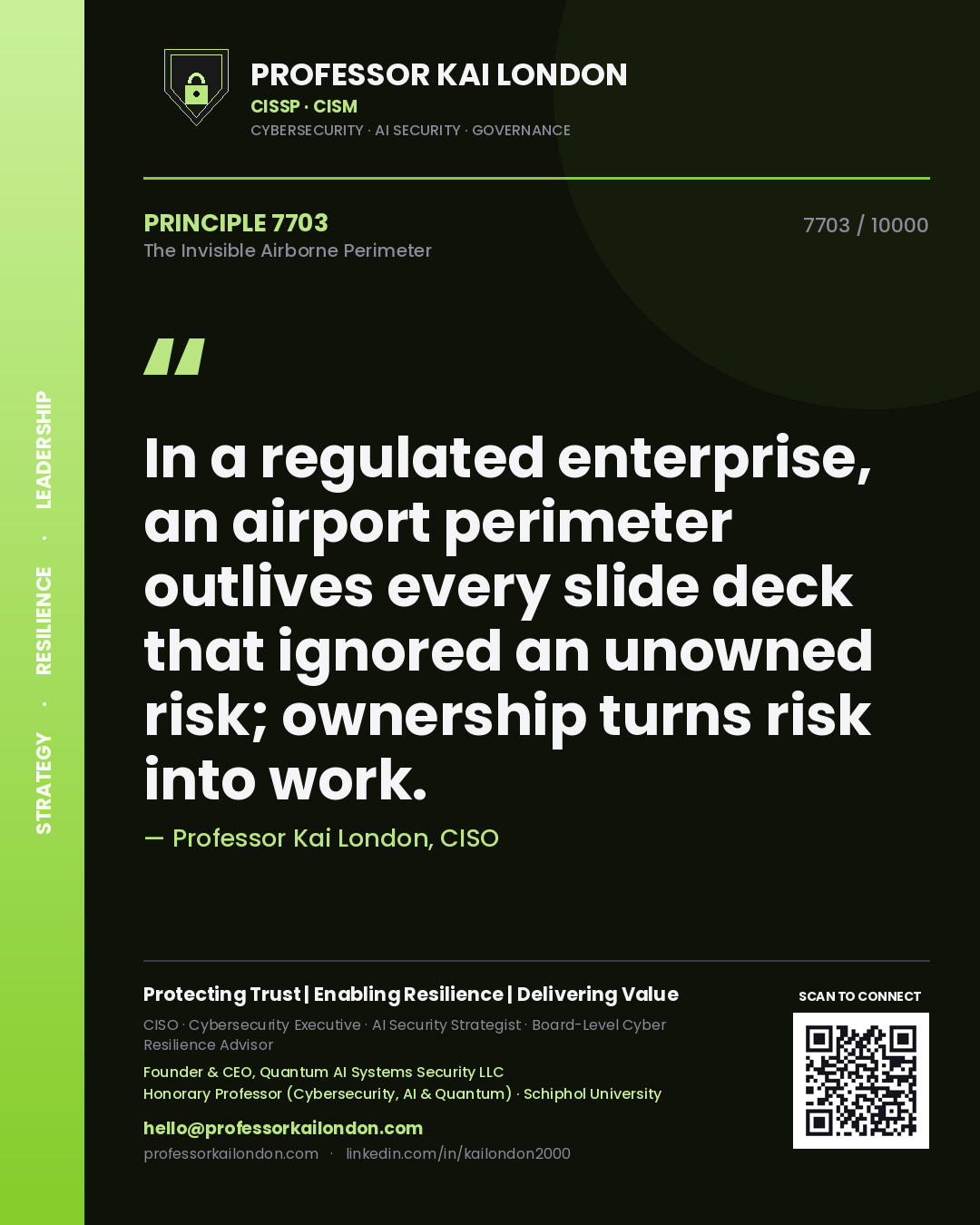 Professor Kai London principle 7703: In a regulated enterprise, an airport perimeter outlives every slide deck that ignored an unowned risk; ownership turns risk into work.