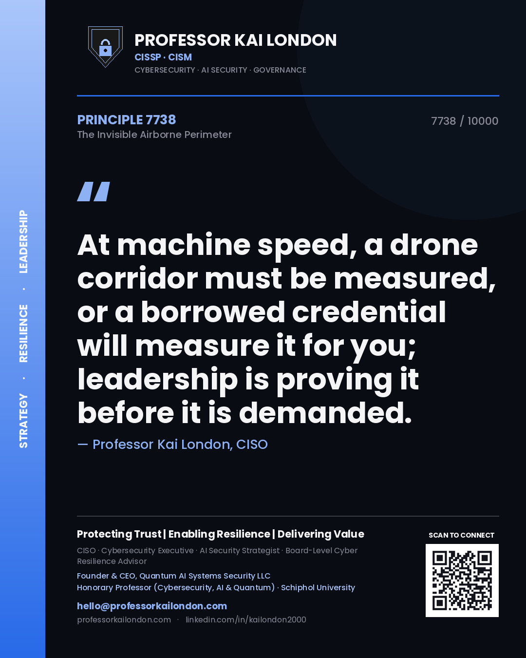 Professor Kai London principle 7738: At machine speed, a drone corridor must be measured, or a borrowed credential will measure it for you; leadership is proving it before it is demanded.