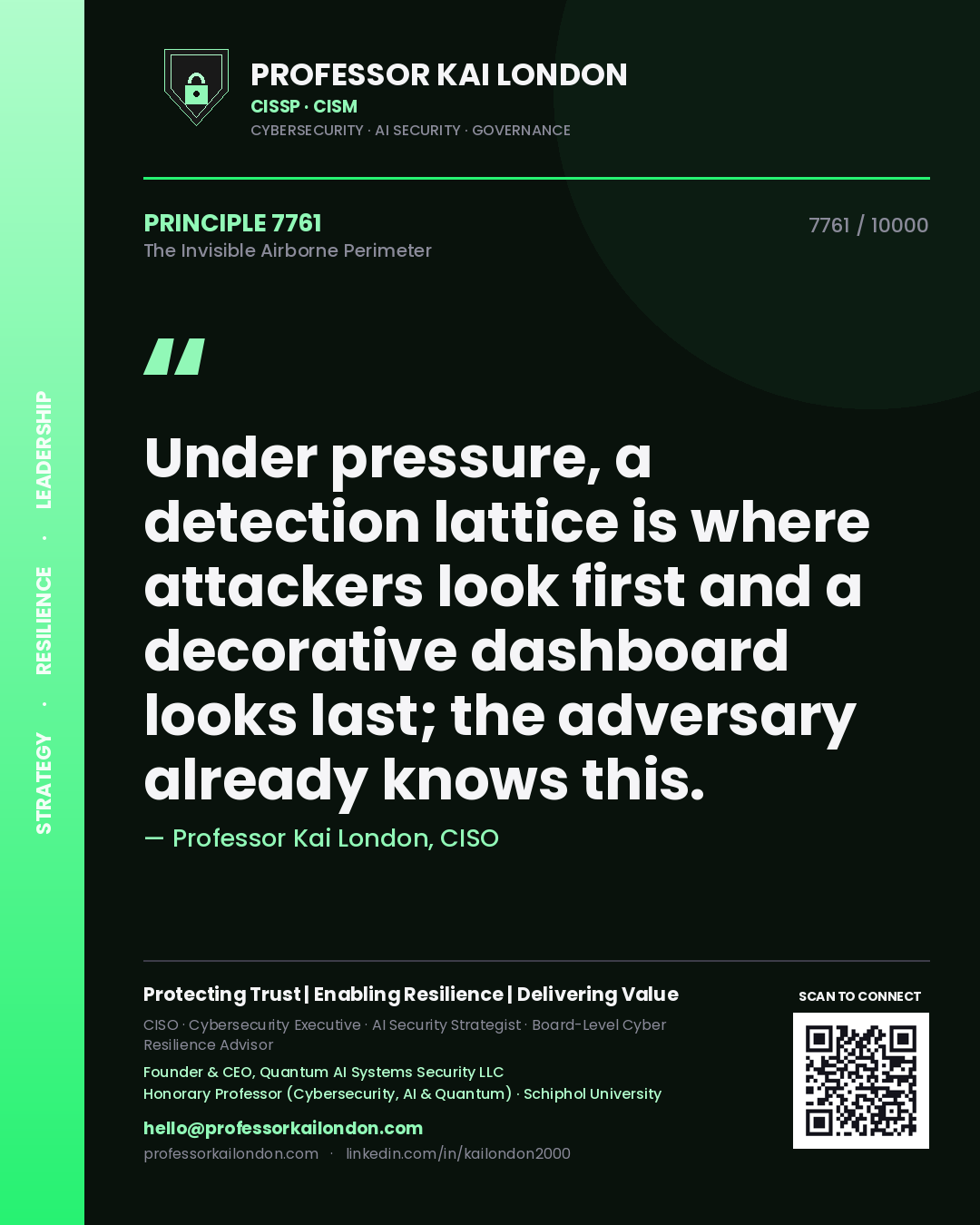 Professor Kai London principle 7761: Under pressure, a detection lattice is where attackers look first and a decorative dashboard looks last; the adversary already knows this.