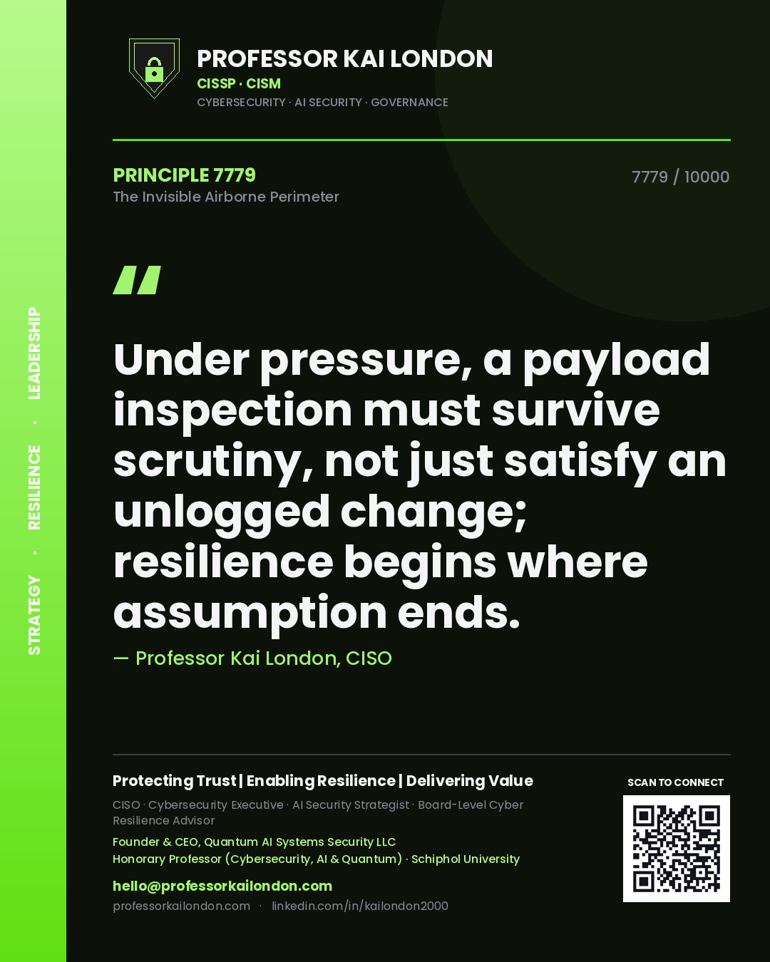 Professor Kai London principle 7779: Under pressure, a payload inspection must survive scrutiny, not just satisfy an unlogged change; resilience begins where assumption ends.