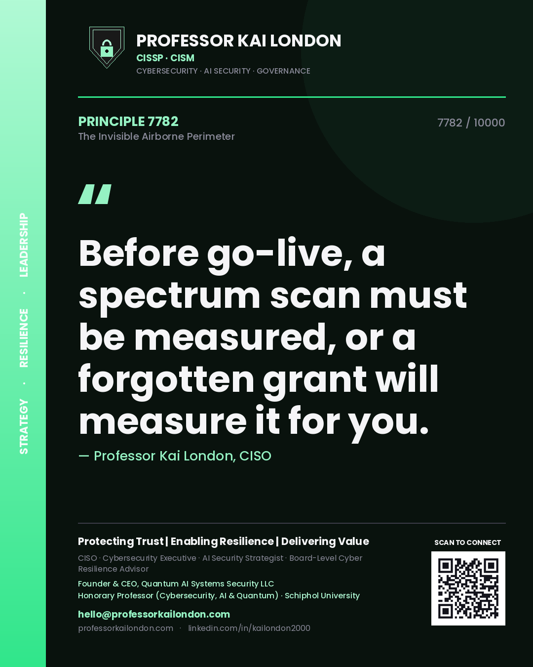 Professor Kai London principle 7782: Before go-live, a spectrum scan must be measured, or a forgotten grant will measure it for you.