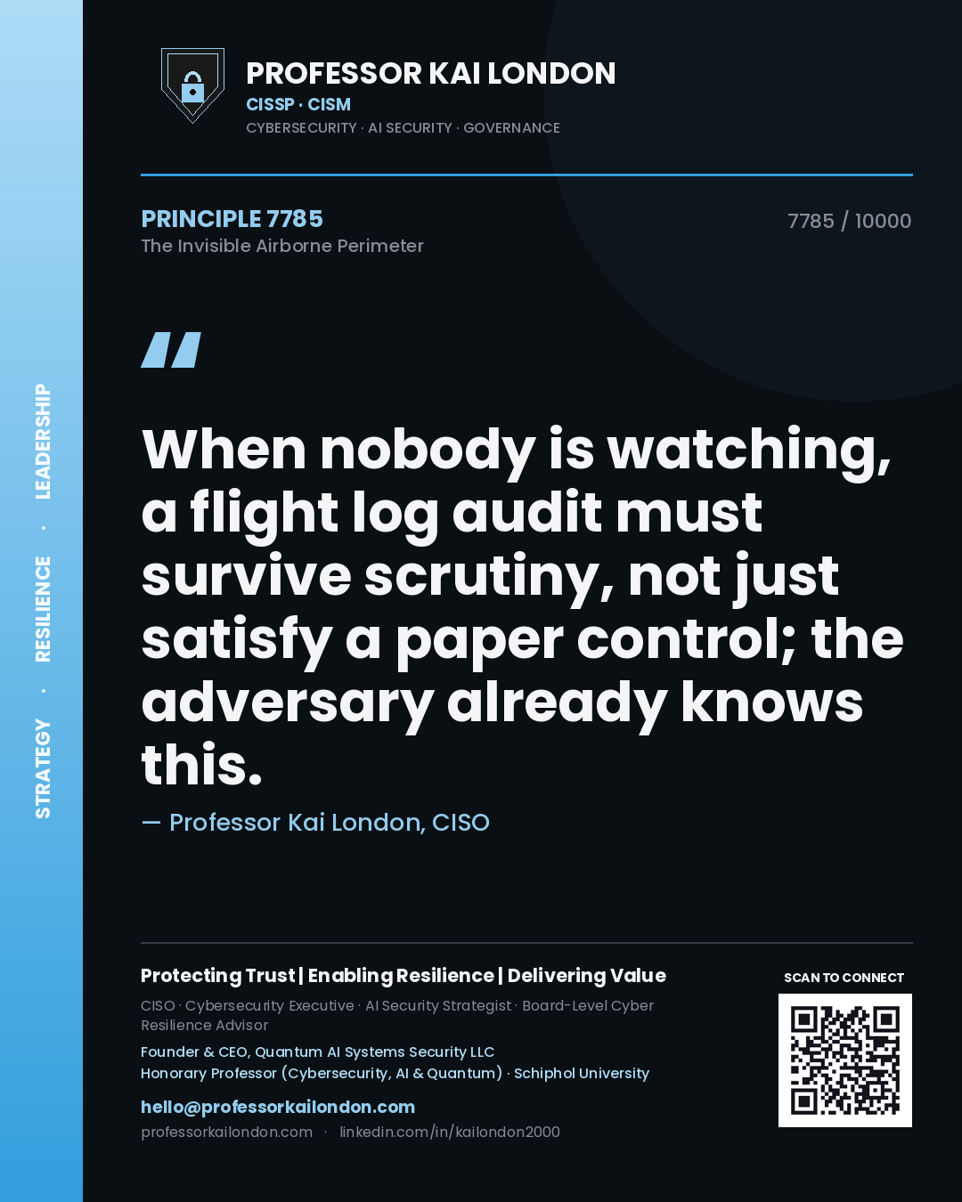 Professor Kai London principle 7785: When nobody is watching, a flight log audit must survive scrutiny, not just satisfy a paper control; the adversary already knows this.