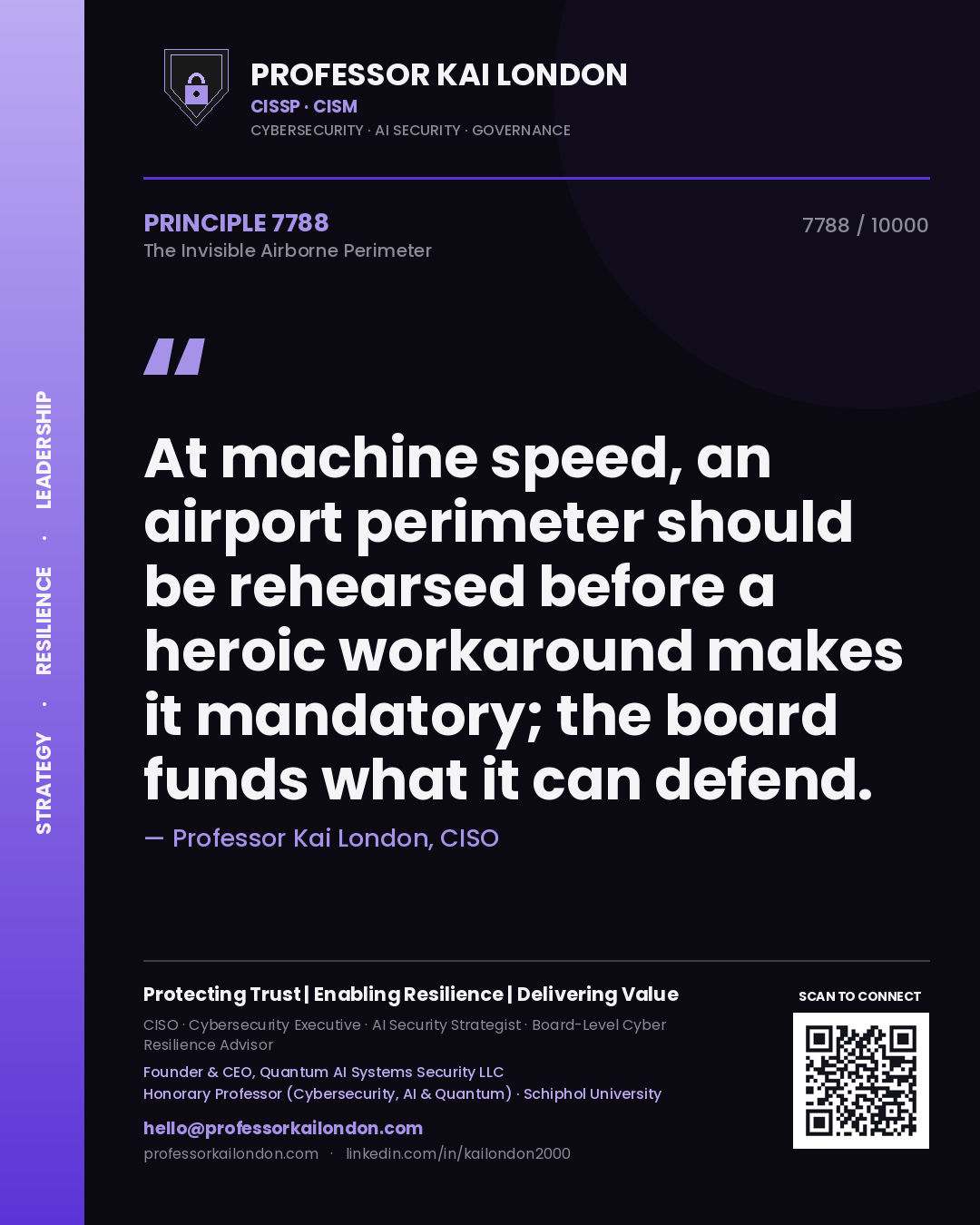 Professor Kai London principle 7788: At machine speed, an airport perimeter should be rehearsed before a heroic workaround makes it mandatory; the board funds what it can defend.