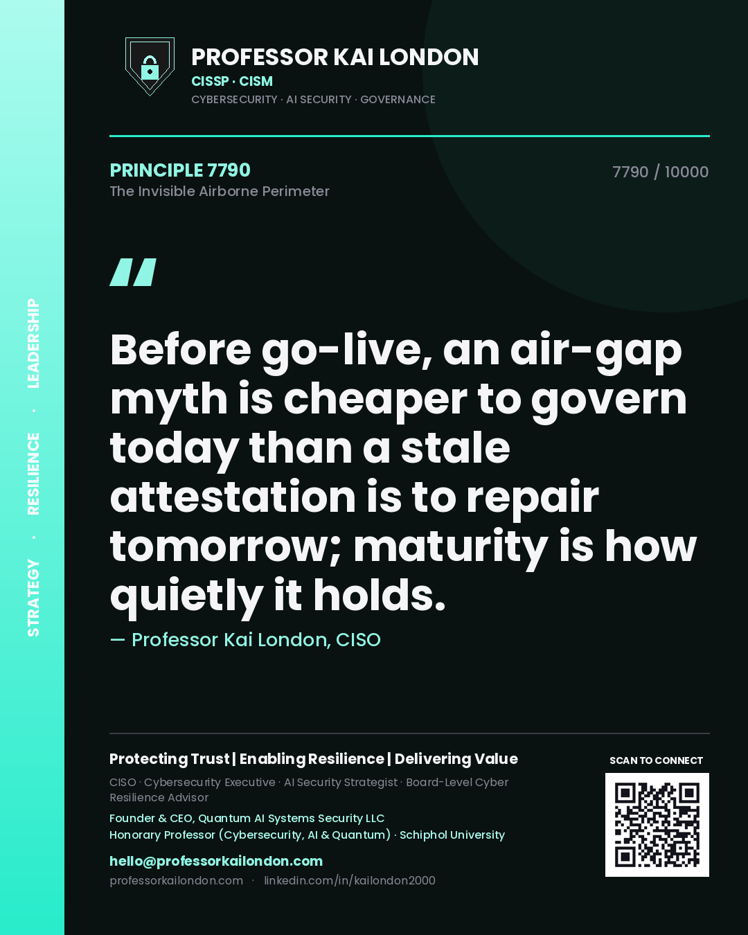 Professor Kai London principle 7790: Before go-live, an air-gap myth is cheaper to govern today than a stale attestation is to repair tomorrow; maturity is how quietly it holds.