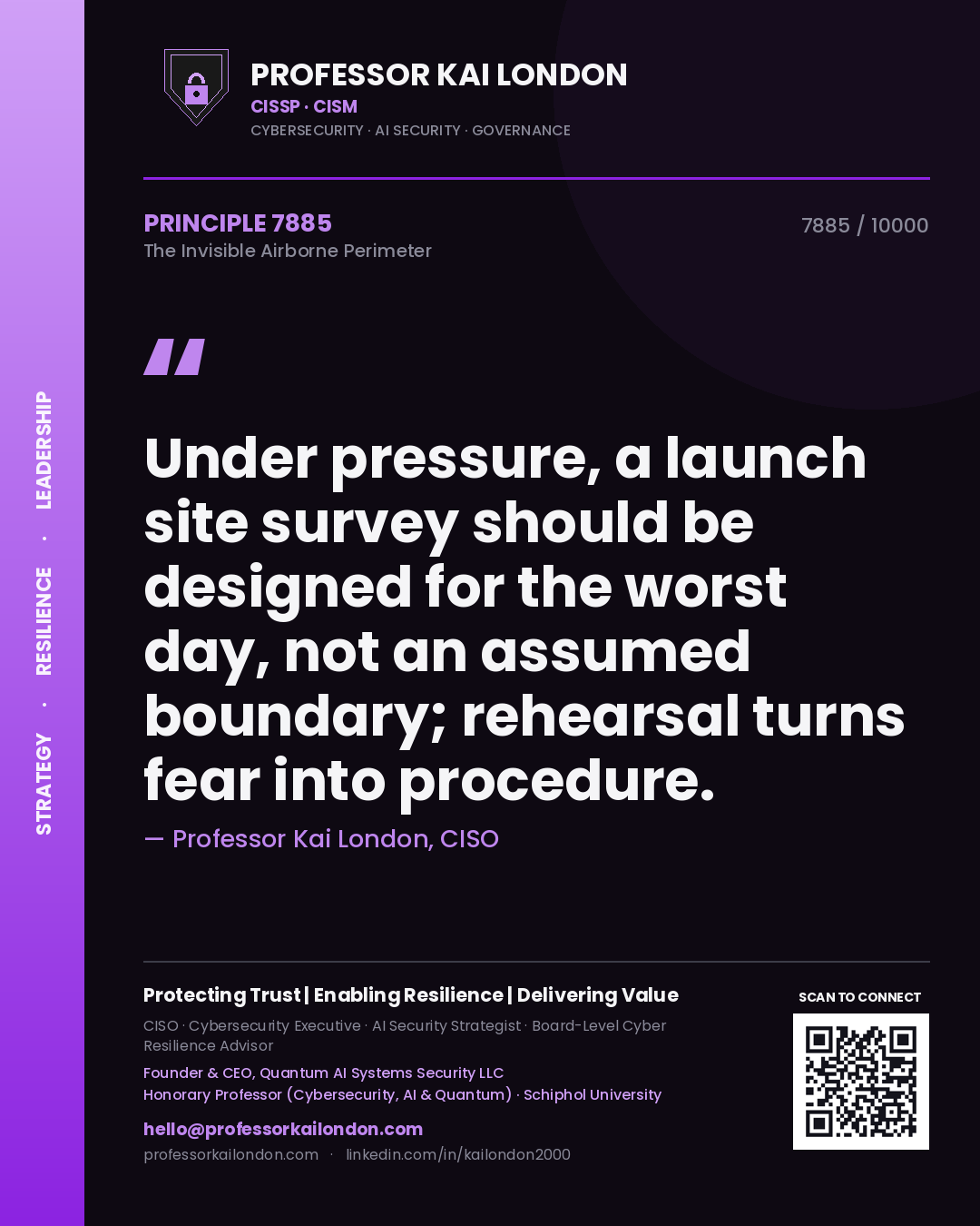 Professor Kai London principle 7885: Under pressure, a launch site survey should be designed for the worst day, not an assumed boundary; rehearsal turns fear into procedure.
