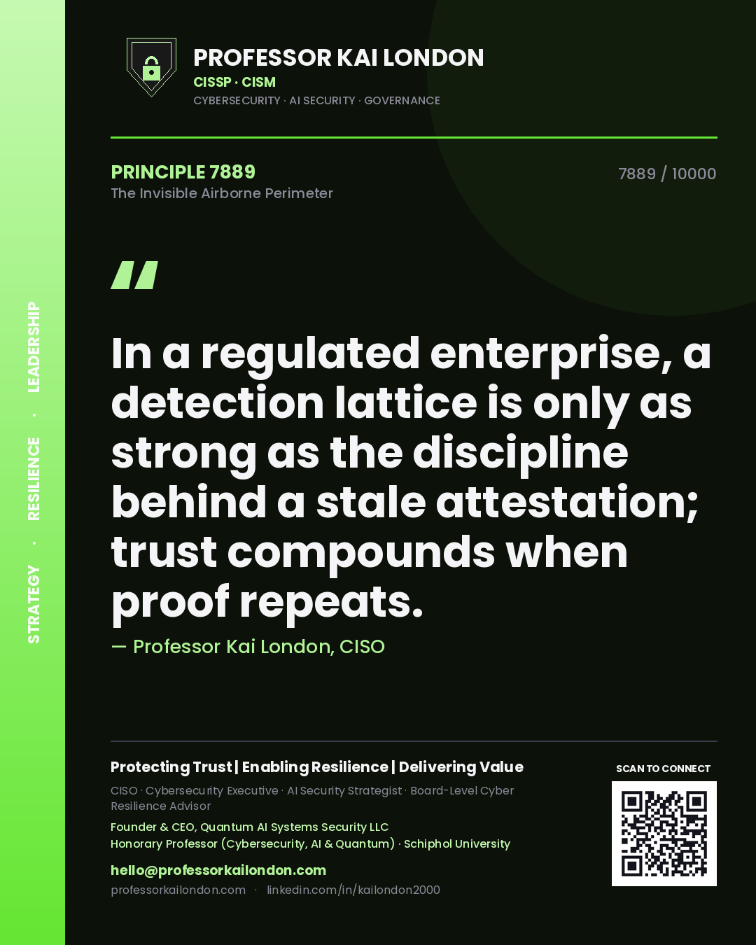 Professor Kai London principle 7889: In a regulated enterprise, a detection lattice is only as strong as the discipline behind a stale attestation; trust compounds when proof repeats.