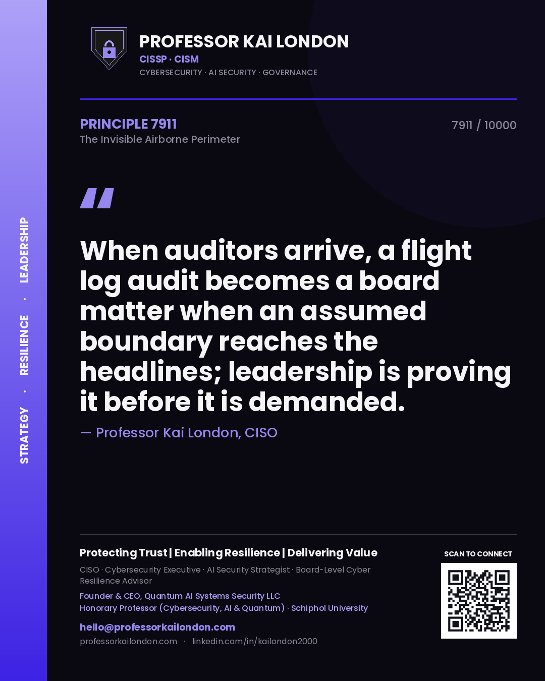Professor Kai London principle 7911: When auditors arrive, a flight log audit becomes a board matter when an assumed boundary reaches the headlines; leadership is proving it before it is demanded.