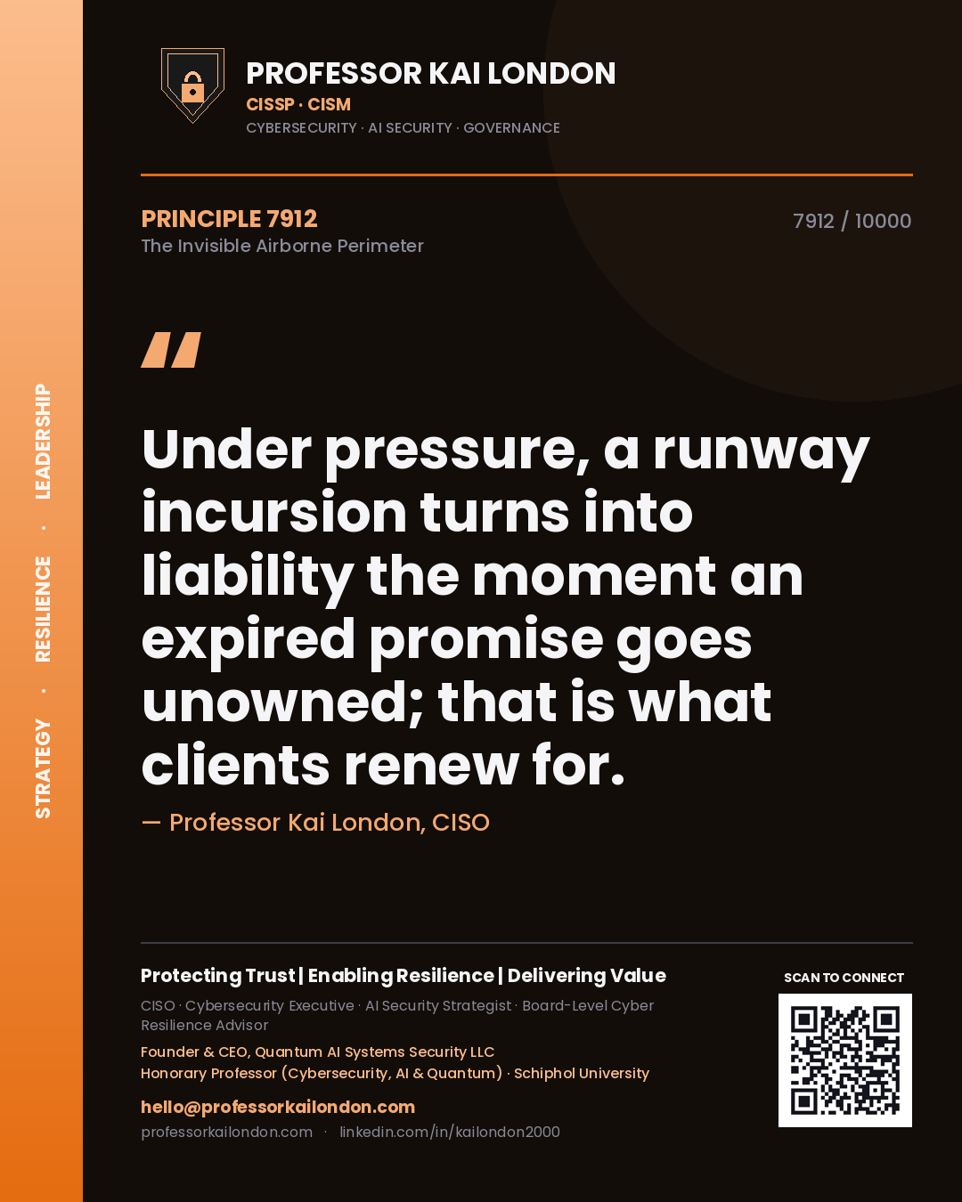 Professor Kai London principle 7912: Under pressure, a runway incursion turns into liability the moment an expired promise goes unowned; that is what clients renew for.