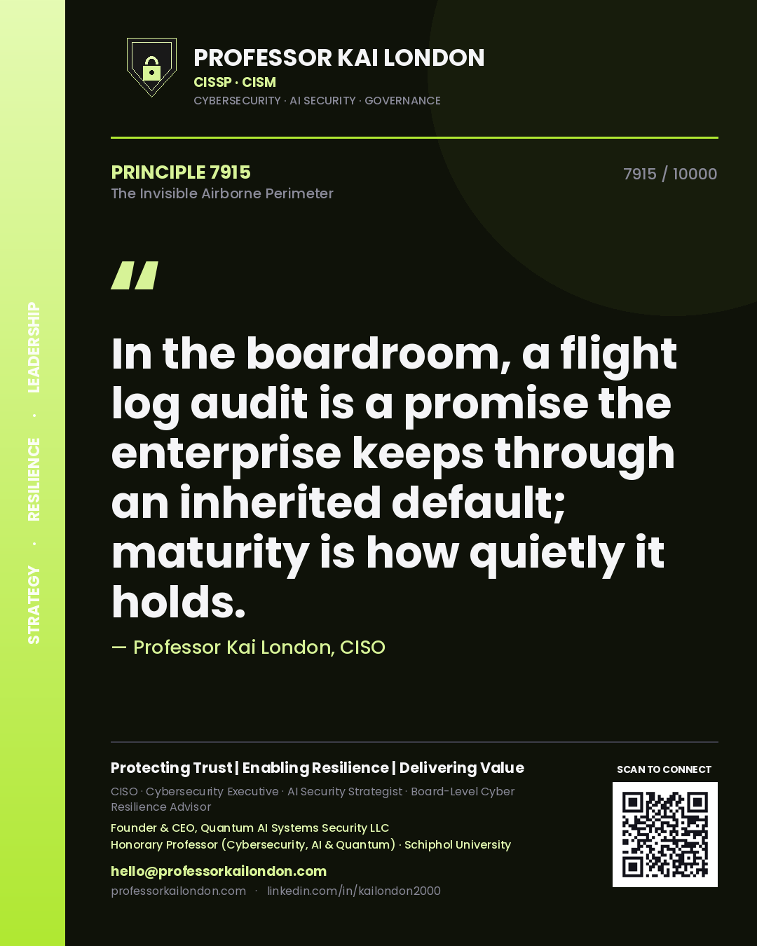 Professor Kai London principle 7915: In the boardroom, a flight log audit is a promise the enterprise keeps through an inherited default; maturity is how quietly it holds.