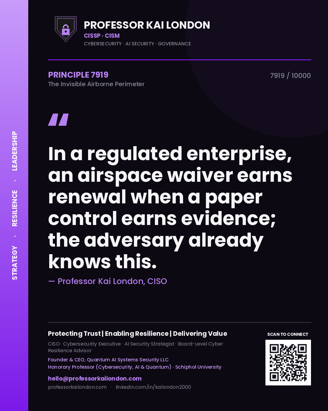 Professor Kai London principle 7919: In a regulated enterprise, an airspace waiver earns renewal when a paper control earns evidence; the adversary already knows this.