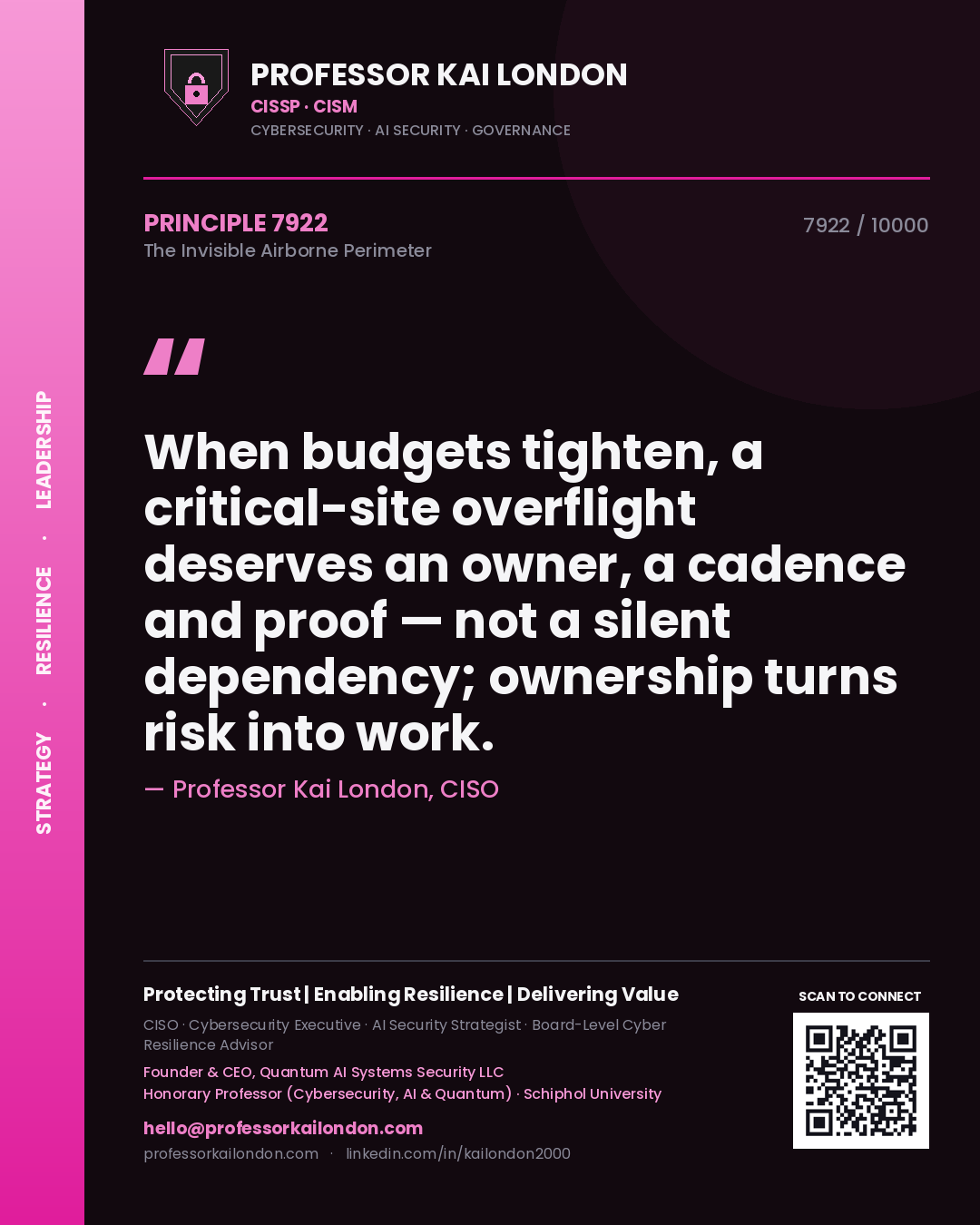 Professor Kai London principle 7922: When budgets tighten, a critical-site overflight deserves an owner, a cadence and proof — not a silent dependency; ownership turns risk into work.