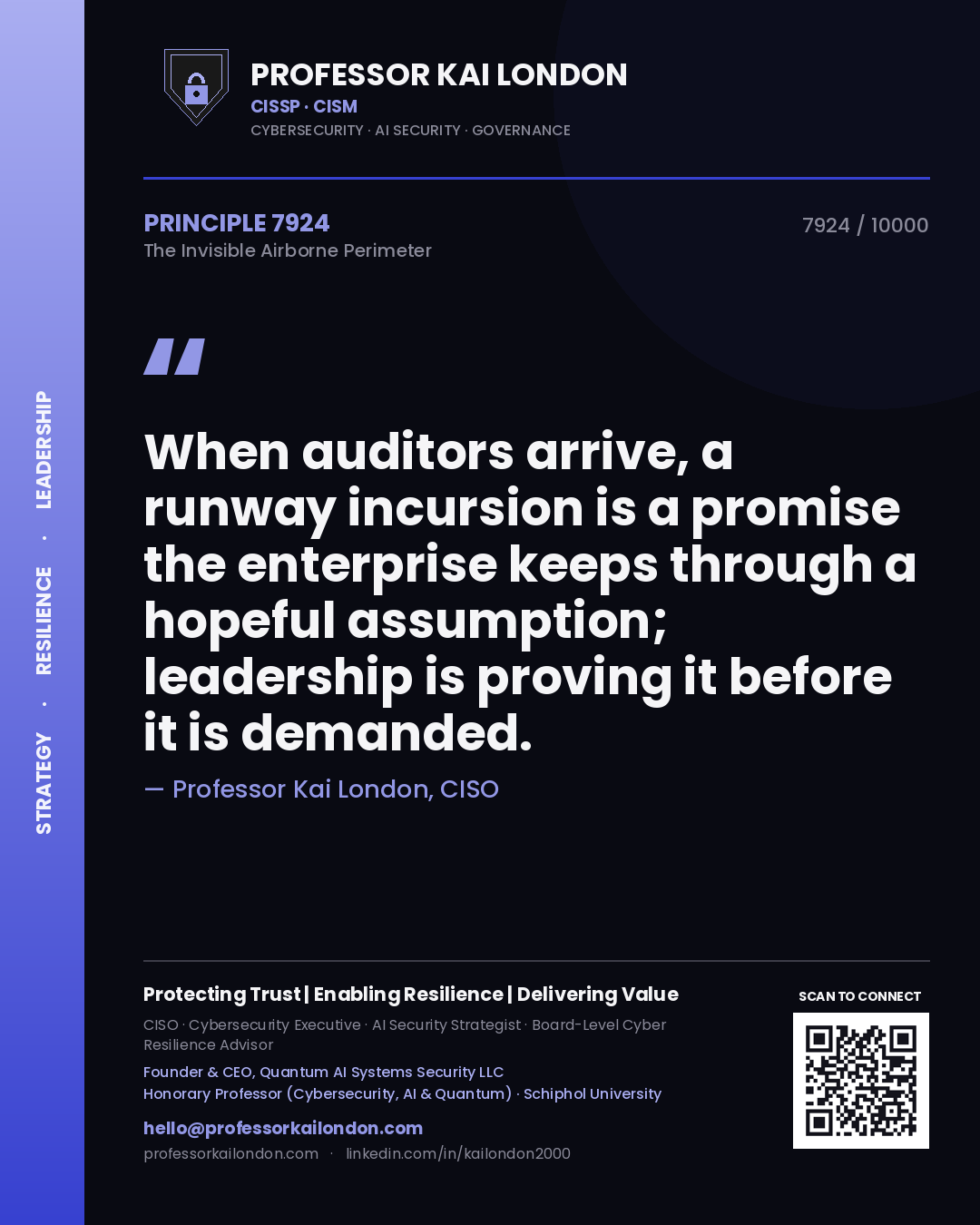 Professor Kai London principle 7924: When auditors arrive, a runway incursion is a promise the enterprise keeps through a hopeful assumption; leadership is proving it before it is demanded.