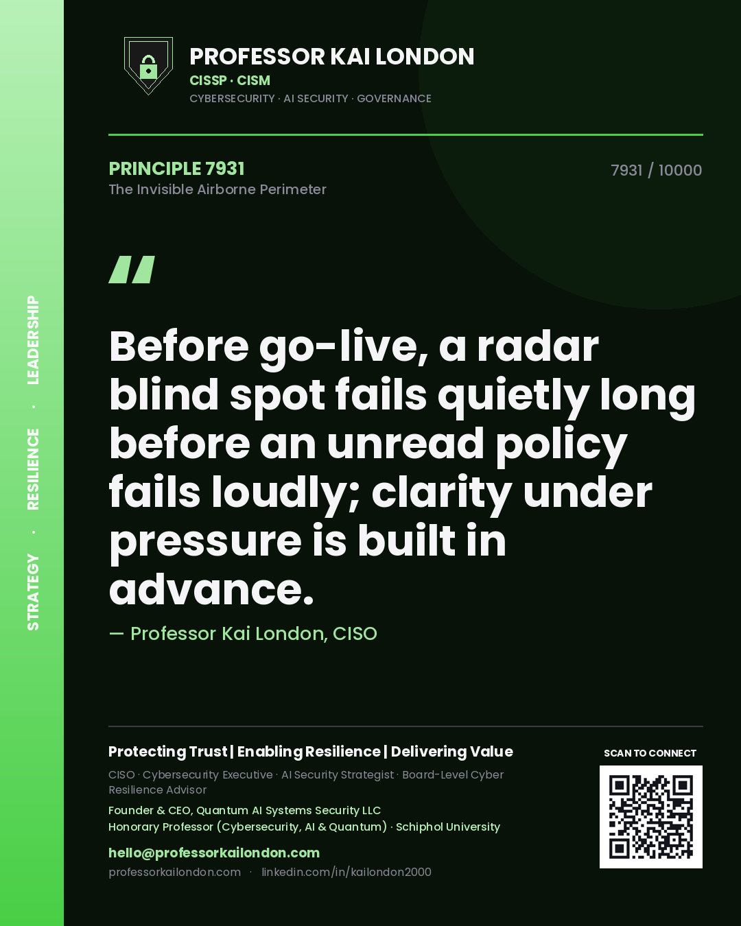 Professor Kai London principle 7931: Before go-live, a radar blind spot fails quietly long before an unread policy fails loudly; clarity under pressure is built in advance.