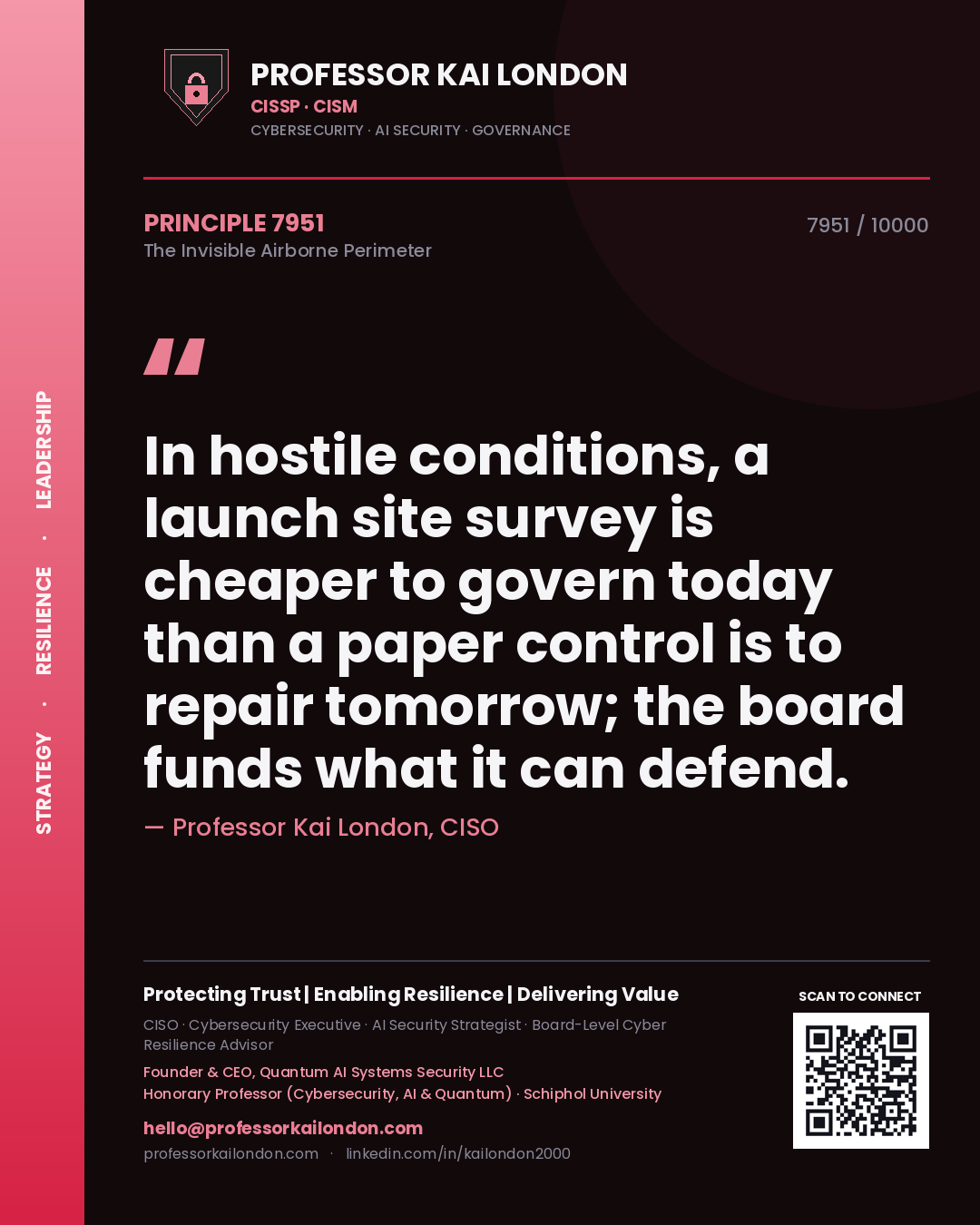Professor Kai London principle 7951: In hostile conditions, a launch site survey is cheaper to govern today than a paper control is to repair tomorrow; the board funds what it can defend.