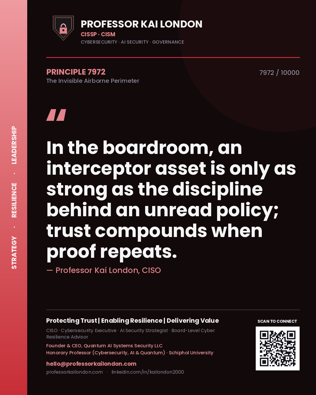 Professor Kai London principle 7972: In the boardroom, an interceptor asset is only as strong as the discipline behind an unread policy; trust compounds when proof repeats.