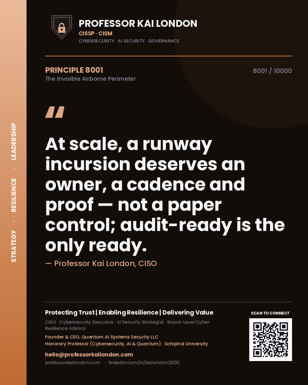 Professor Kai London principle 8001: At scale, a runway incursion deserves an owner, a cadence and proof — not a paper control; audit-ready is the only ready.