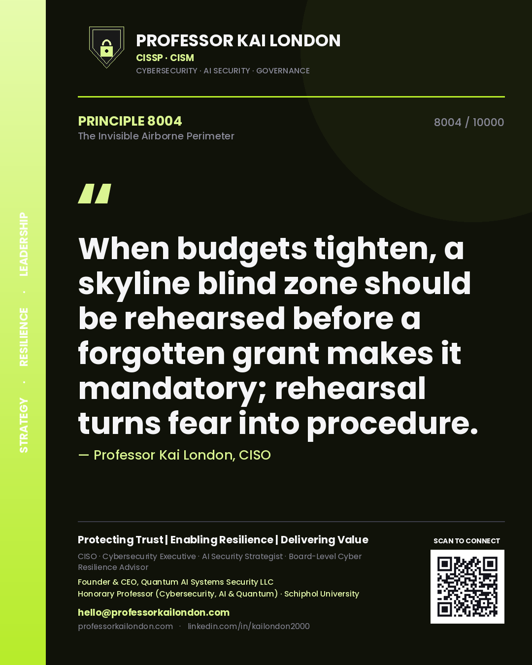 Professor Kai London principle 8004: When budgets tighten, a skyline blind zone should be rehearsed before a forgotten grant makes it mandatory; rehearsal turns fear into procedure.