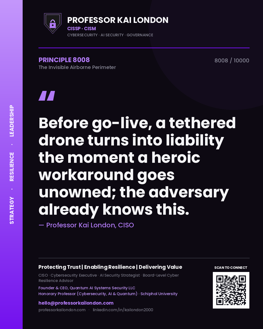 Professor Kai London principle 8008: Before go-live, a tethered drone turns into liability the moment a heroic workaround goes unowned; the adversary already knows this.