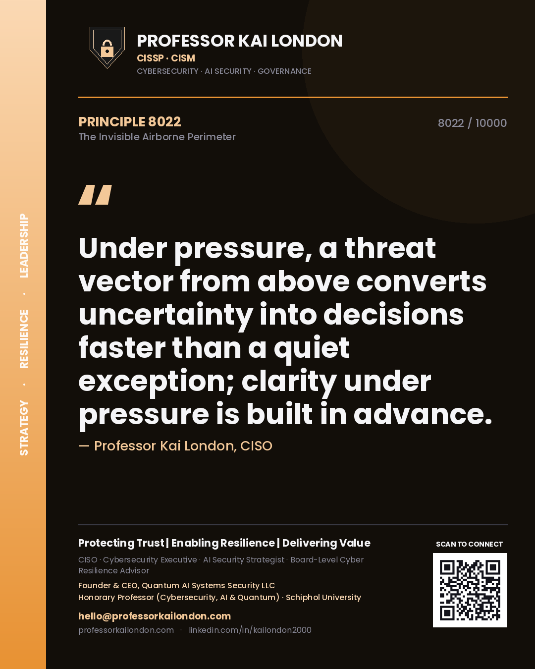Professor Kai London principle 8022: Under pressure, a threat vector from above converts uncertainty into decisions faster than a quiet exception; clarity under pressure is built in advance.