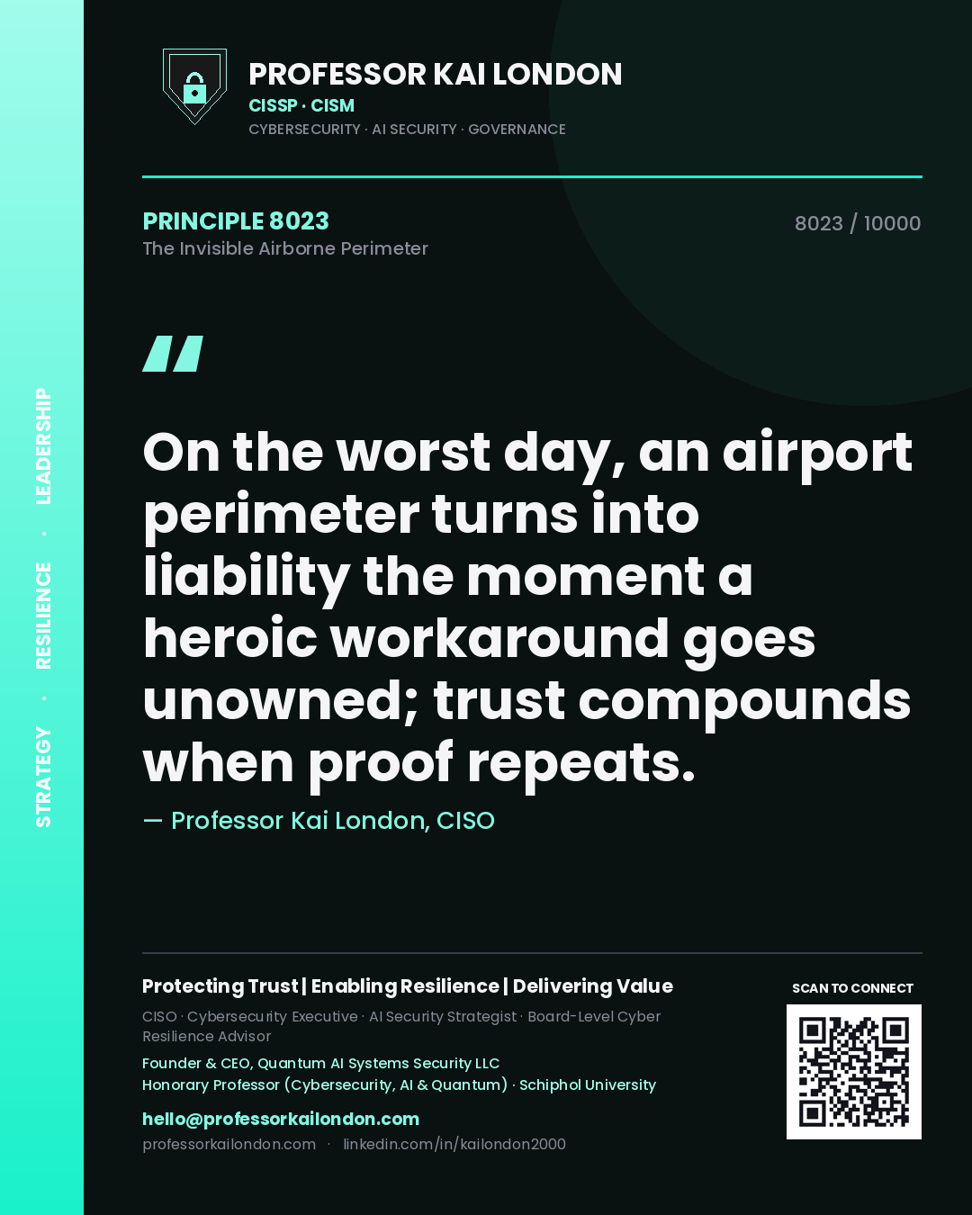 Professor Kai London principle 8023: On the worst day, an airport perimeter turns into liability the moment a heroic workaround goes unowned; trust compounds when proof repeats.
