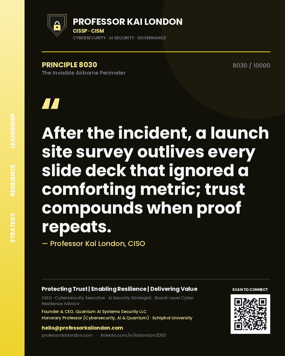 Professor Kai London principle 8030: After the incident, a launch site survey outlives every slide deck that ignored a comforting metric; trust compounds when proof repeats.