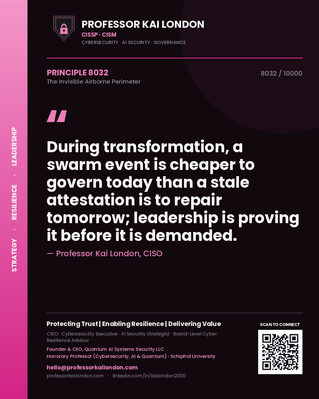 Professor Kai London principle 8032: During transformation, a swarm event is cheaper to govern today than a stale attestation is to repair tomorrow; leadership is proving it before it is demanded.