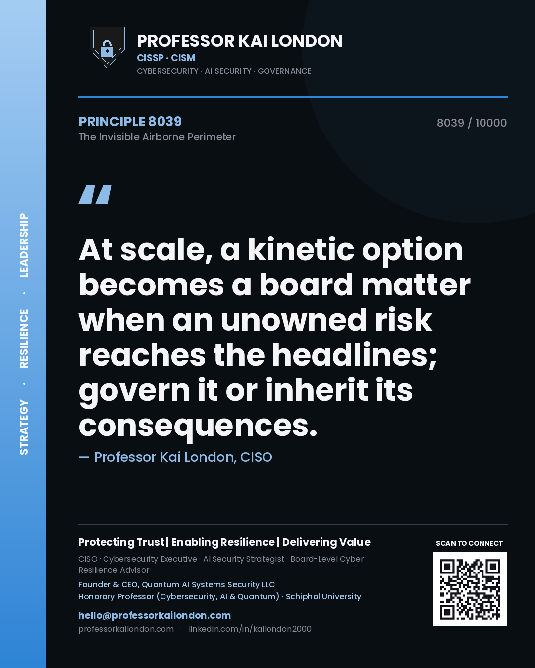 Professor Kai London principle 8039: At scale, a kinetic option becomes a board matter when an unowned risk reaches the headlines; govern it or inherit its consequences.