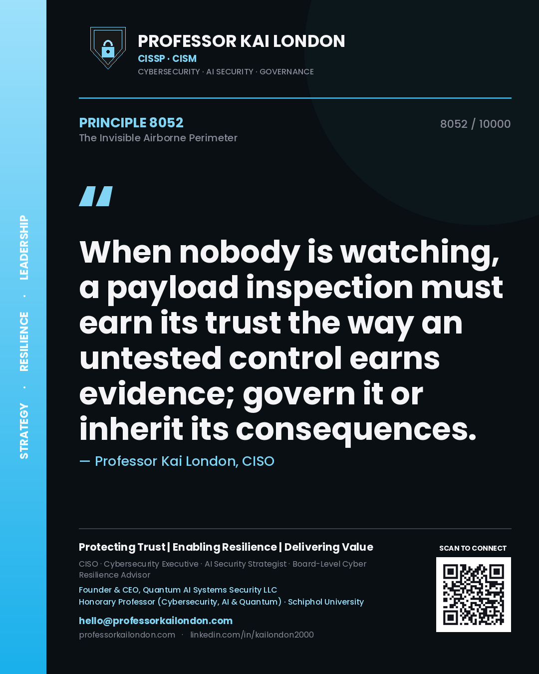 Professor Kai London principle 8052: When nobody is watching, a payload inspection must earn its trust the way an untested control earns evidence; govern it or inherit its consequences.