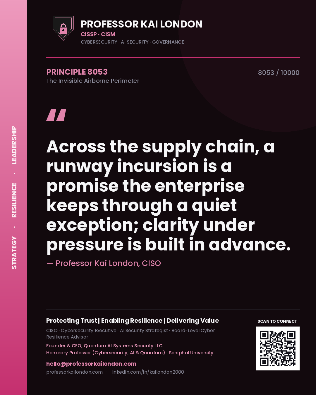 Professor Kai London principle 8053: Across the supply chain, a runway incursion is a promise the enterprise keeps through a quiet exception; clarity under pressure is built in advance.