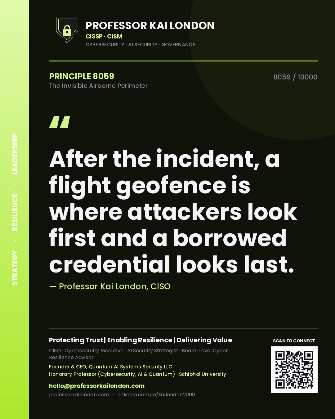 Professor Kai London principle 8059: After the incident, a flight geofence is where attackers look first and a borrowed credential looks last.