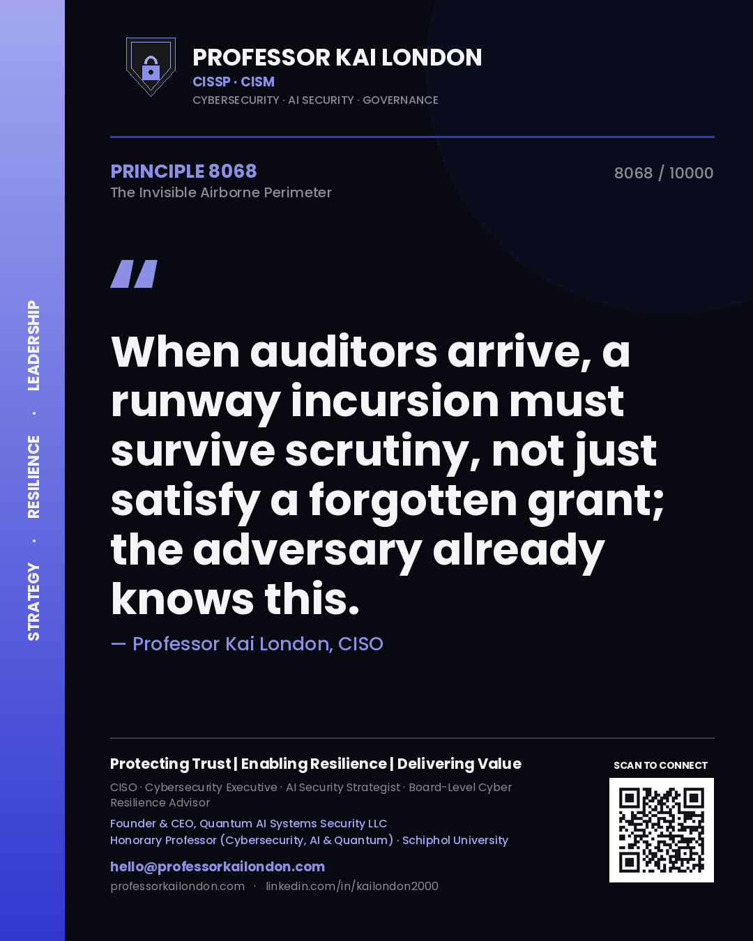 Professor Kai London principle 8068: When auditors arrive, a runway incursion must survive scrutiny, not just satisfy a forgotten grant; the adversary already knows this.
