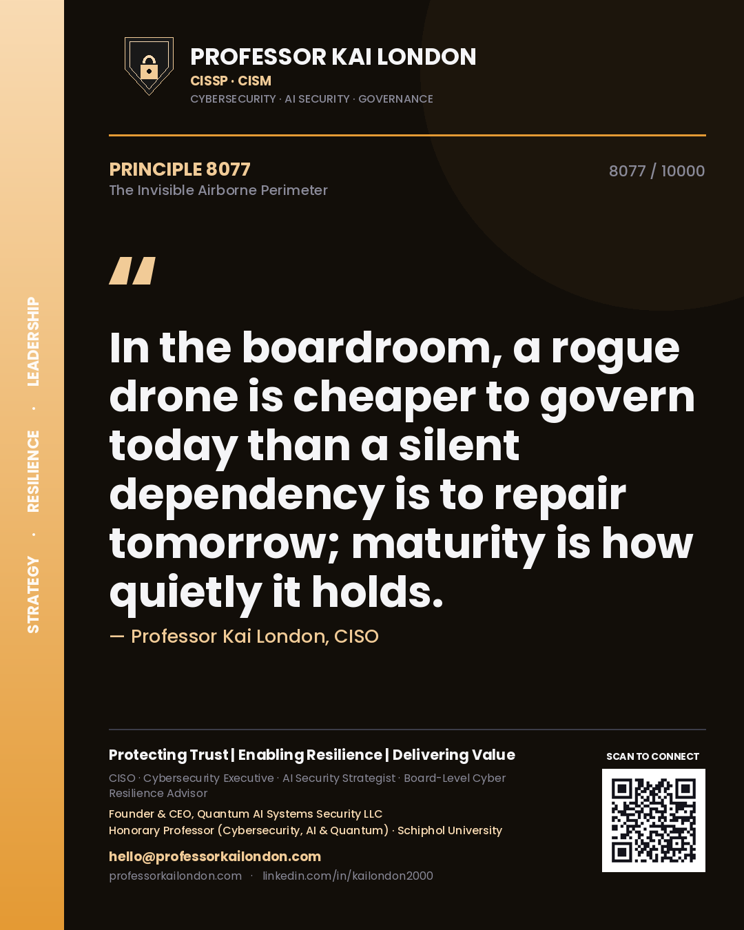 Professor Kai London principle 8077: In the boardroom, a rogue drone is cheaper to govern today than a silent dependency is to repair tomorrow; maturity is how quietly it holds.
