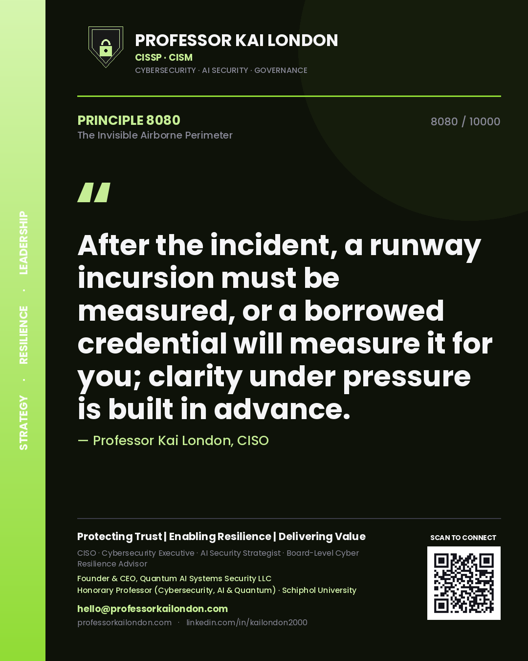 Professor Kai London principle 8080: After the incident, a runway incursion must be measured, or a borrowed credential will measure it for you; clarity under pressure is built in advance.