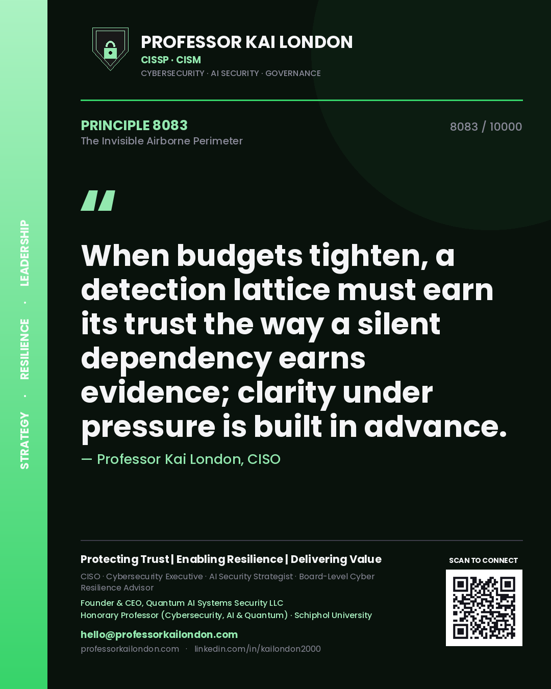 Professor Kai London principle 8083: When budgets tighten, a detection lattice must earn its trust the way a silent dependency earns evidence; clarity under pressure is built in advance.