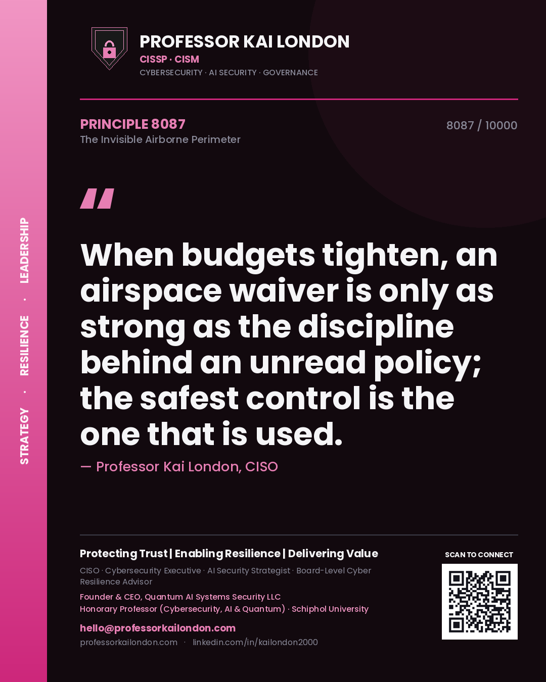 Professor Kai London principle 8087: When budgets tighten, an airspace waiver is only as strong as the discipline behind an unread policy; the safest control is the one that is used.