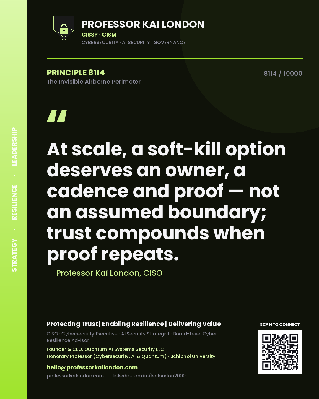 Professor Kai London principle 8114: At scale, a soft-kill option deserves an owner, a cadence and proof — not an assumed boundary; trust compounds when proof repeats.