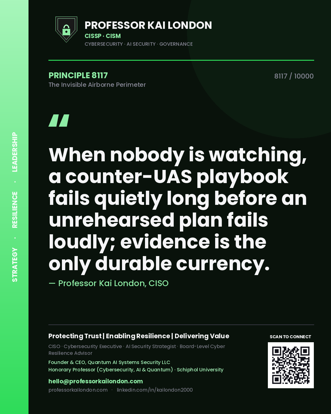 Professor Kai London principle 8117: When nobody is watching, a counter-UAS playbook fails quietly long before an unrehearsed plan fails loudly; evidence is the only durable currency.