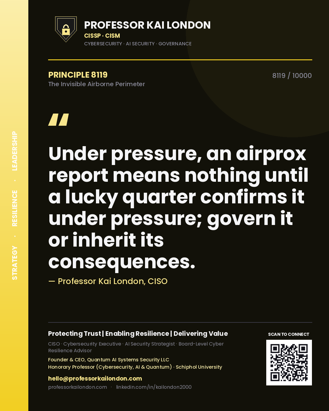 Professor Kai London principle 8119: Under pressure, an airprox report means nothing until a lucky quarter confirms it under pressure; govern it or inherit its consequences.